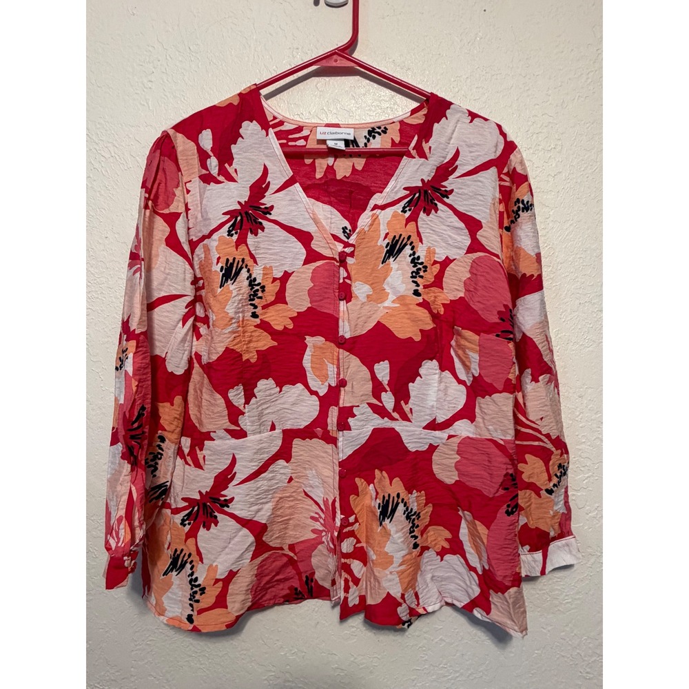 Liz Claiborne Floral Button Front Blouse Red Pink V-Neck Peplum Top Medium